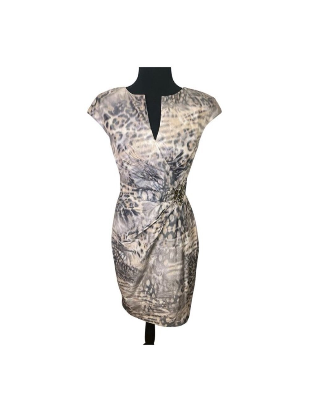 Eliza J Animal Print Cocktail Dress Sz 4 Cap Sleeves Shiny Bejeweled Rouched